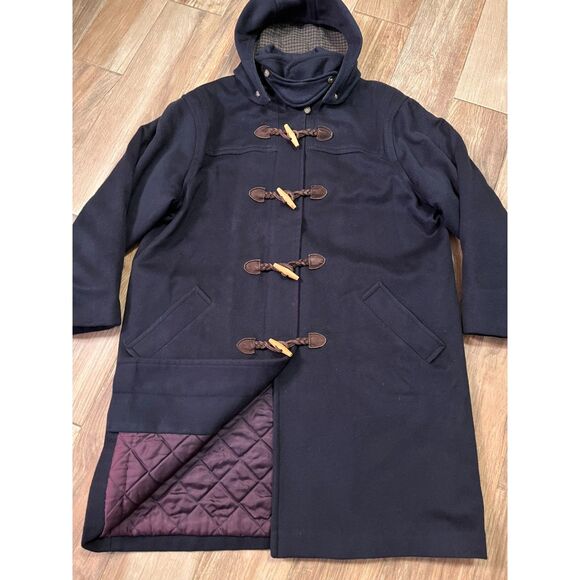 LL Bean Vintage Duffle Coat Womens Navy Blue Lambs Wool Hooded Lined Large - Picture 1 of 13